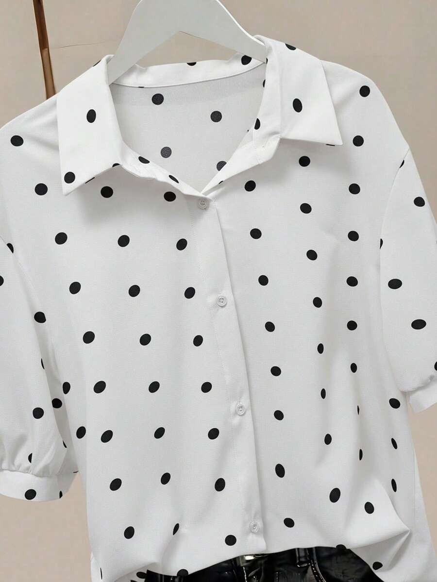 Franclia 休闲通勤波点印花翻领纽扣短袖衬衫 - 白色 - 查看 1