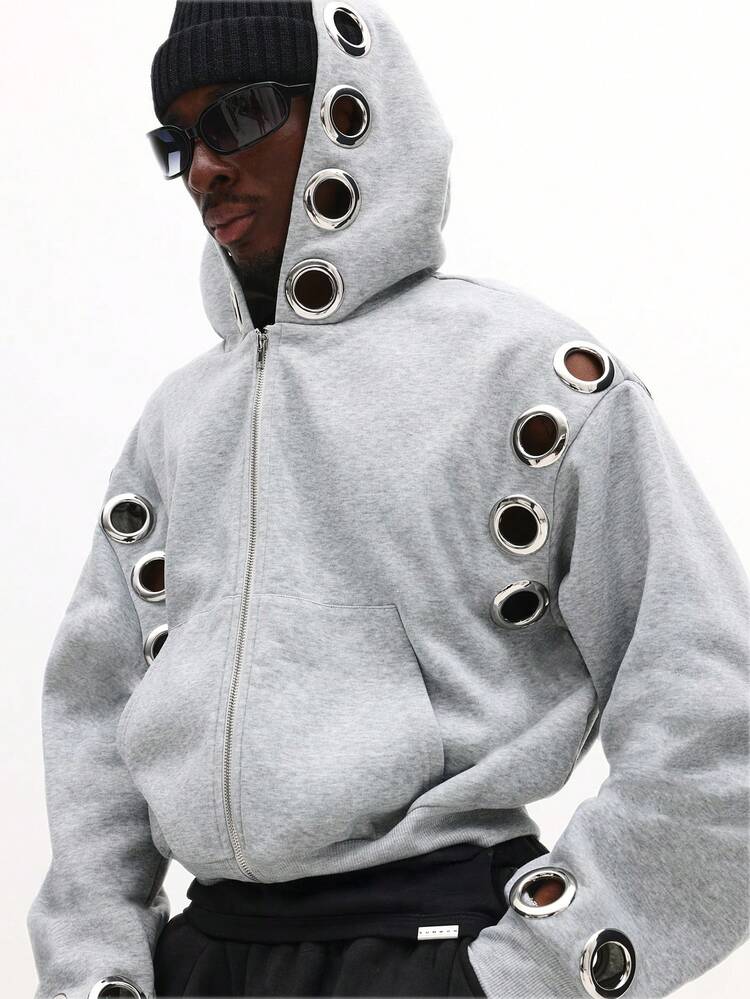 Full Zip Hoodie With Metal Eyelet Design And Front Pockets