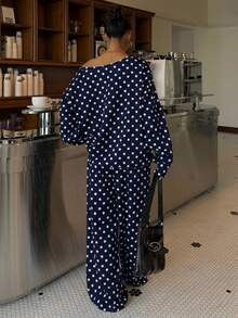 Muchica Ensemble sweat-shirt ample à épaules obliques et pantalon de jogging à pois pour femmes, automne/hiver - Bleu marine - Voir 2