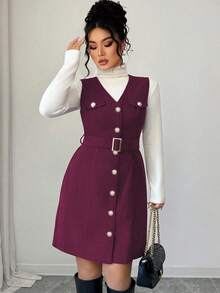 Elenzga 加大码V领无袖开衫灯芯绒保暖纽扣腰带修身纹理迷你裙连衣裙，优雅法式百搭工作装 - 酒紅色 - 查看 3
