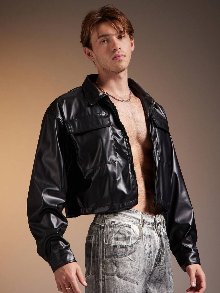 FeverCity PU Long Sleeve Flap Pocket Casual Jacket Shirts For Men - Black - View 1