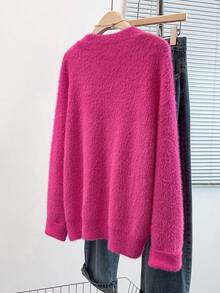EMERY ROSE Cárdigan de punto casual de manga larga con caída de hombros y unicolor de piel de visón para mujer de talla grande - Rosa Fucsia - Ver 2
