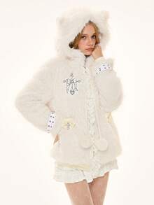 ROMWE Kawaii Women's Cute & Sweet Cat Ear Bow Fuzzy Cardigan Sweater - Beige - View 7