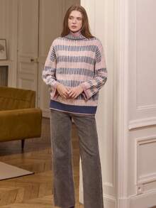 lacRébo Suéter de punto oversize de cuello alto a rayas en rosa y azul marino, ropa de invierno para mujer, atuendos de salida de invierno, atuendos de oficina elegantes, jersey rosa - Multicolor - Ver 5