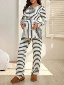 SHEIN 2pcs/Set Nursing Crew Neck A-Line Buttoned Front Lift Up Functional Top, Bowknot Front Wide Leg Pants, Maternity Set