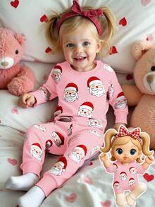Baby Girl/Young Girl Santa Claus & Pink Christmas Tree Pattern Casual Comfy Snug Fit Long Sleeve Crew Neck Jumpsuit, Suitable For Autumn/Winter - Multicolor - View 1