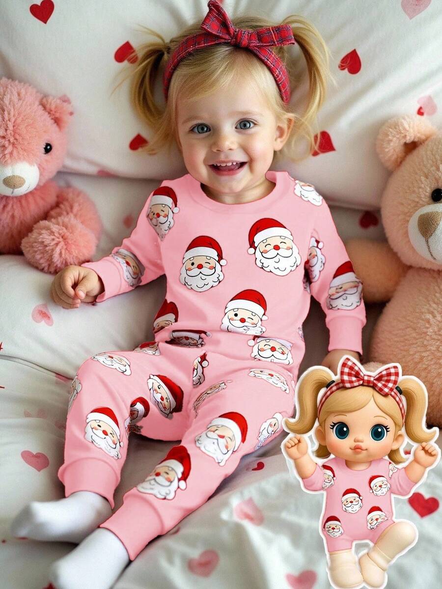 Baby Girl/Young Girl Santa Claus & Pink Christmas Tree Pattern Casual Comfy Snug Fit Long Sleeve Crew Neck Jumpsuit, Suitable For Autumn/Winter - Multicolor - View 1