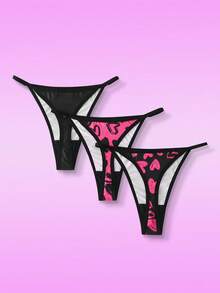 3pcs/Set Heart Print Women's Thong Panties, Sexy & Cute Underwear Set With Metal Buckle Decor