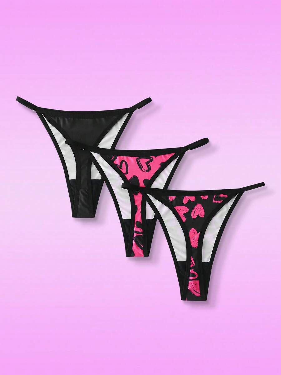 3pcs/Set Heart Print Women's Thong Panties, Sexy & Cute Underwear Set With Metal Buckle Decor