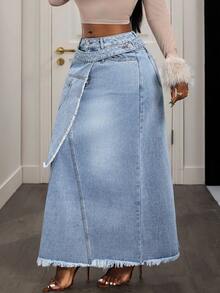 Slaydiva 女士休闲毛边牛仔迷你裙 - 藍色 - 查看 3