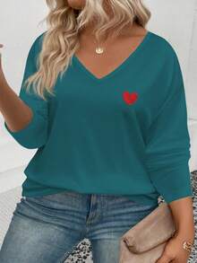 EMERY ROSE Women's Heart Print V-Neck Long Sleeve Plus Size T-Shirt, Popular For Autumn/Winter - Teal Blue - View 5