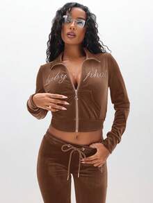 BABYPHAT Áo nỉ cổ phễu có khóa kéo, đính đá Rhinestone và tay dài, thích hợp mặc ở nhà mùa thu đông - Màu nâu Sô-cô-la - Xem 8