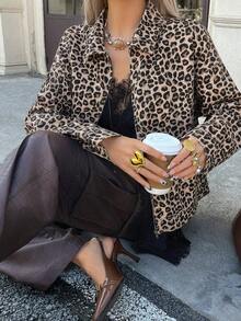 Livesso Women's Loose Casual Leopard Print Denim Jacket