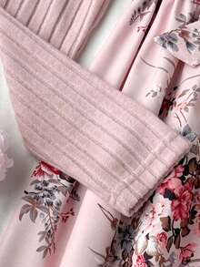 少女碎花拼接圆领长袖休闲连衣裙 - 粉色 - 查看 3