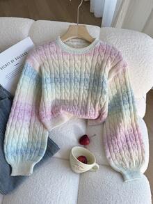 SHEIN 少女毛衣，一件式麻花针织短款毛衣 - 圆领泡泡袖套头衫，简约扭绳设计，轻盈透气，适合上学和休闲穿着，春秋季可爱款 - 彩色 - 查看 6