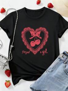 EMERY ROSE Heart & Bow Graphic Print Round Neck Short Sleeve Plus Size T-Shirt - Black - View 3