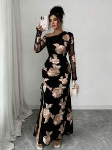 SHEIN Raffinéa 女士提花网纱不对称开衩连衣裙 - 黑色 - 查看 5