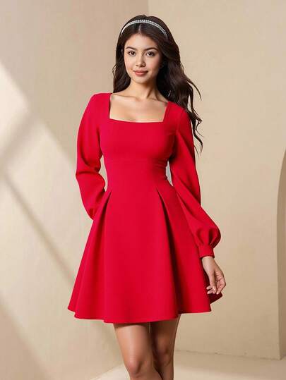 Sparklyn 优雅简约方领长袖收腰短款纯色连衣裙，适合青少年、毕业典礼、圣诞派对、万圣节、秋季穿着。