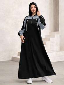 Modelyn Váy dài tay có mũ trùm đầu viền loe màu thời trang thanh lịch cỡ lớn, mùa thu/đông - Màu xanh bụi bặm - Xem 4