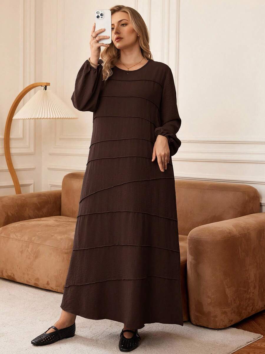 Rosumi Women's Plus Size Brown Dress: Elegant Long Sleeve Modest Tiered Maxi Dress Fall - Coffee Brown - View 1
