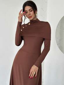 Firerie Váy trơn màu thanh lịch dành cho nữ có cổ đứng - màu nâu - Xem 9