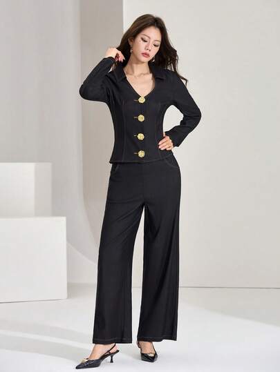 Heiryn Women's Elegant Commuter Solid Color Shirt And Pants 2 Pieces Set