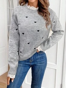 Serisse 女式立领插肩袖心形图案毛衣，秋冬 - 淺灰色 - 查看 5