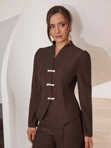 Modelyn 女士长袖衬衫和裤子优雅两件套 - 咖啡棕 - 查看 1