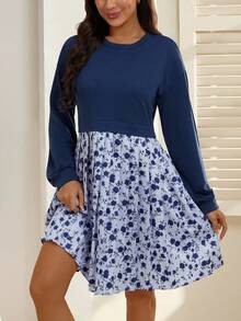 SHEIN Printed Patchwork Casual Loose Fit Maternity Dress, Short Length, Long Sleeve, Round Neck - Royal Blue - View 7