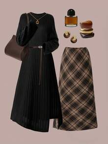 SHEIN Clasi 女士秋冬圆领开衩针织上衣和格子裙两件套 - 彩色 - 查看 1