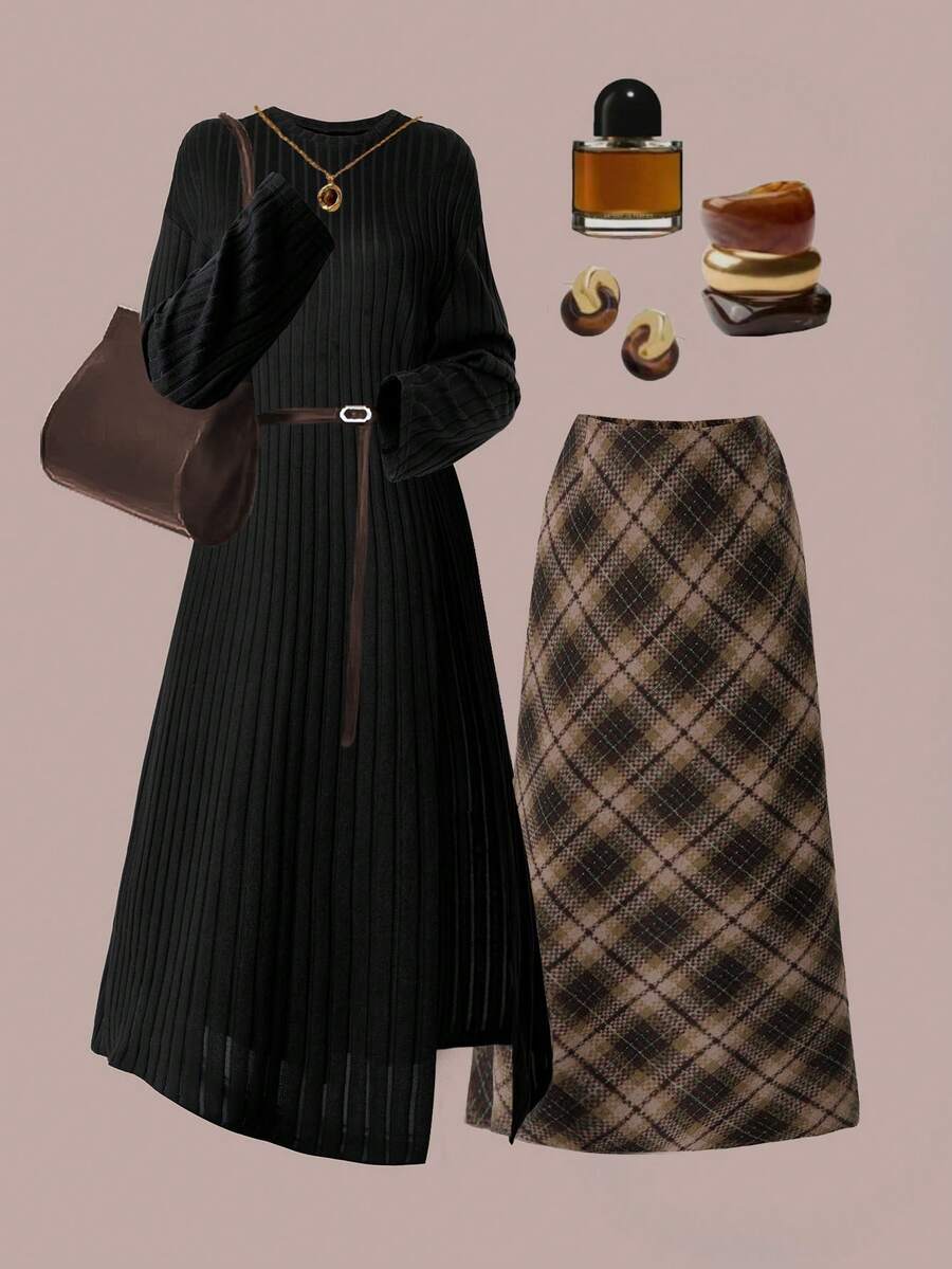 SHEIN Clasi 女士秋冬圆领开衩针织上衣和格子裙两件套 - 彩色 - 查看 1