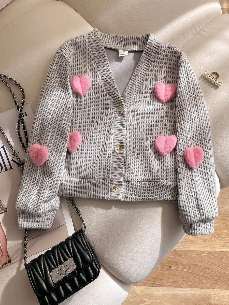 Chaqueta casual minimalista gris con cuello en V, manga larga y decoración de corazón esponjoso, estilo lindo y elegante para niñas jóvenes - Albaricoque - Ver 1