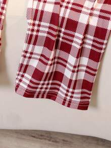 少女两件套睡衣套装 - 灰色长袖小熊图案上衣和酒红色/白色格子裤，舒适家居服 - 灰色 - 查看 5