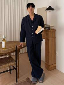 DAZY Navy Blue Shirt Paired With Men's Loungewear Set, Autumn - Navy Blue - View 6
