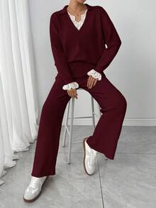 Modelyn 女士毛衣套装，温柔风格，秋冬款 - 酒紅色 - 查看 7