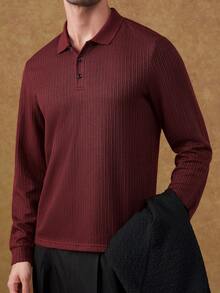 Core Aspect 针织钩编面料，纯色Polo衫，针织Polo衫，休闲Polo衫，纽扣Polo衫，适合日常外出、朋友聚会、休闲周末穿着，男士酒红色纯色长袖罗纹针织Polo衫，常规下摆商务风格 - 酒紅色 - 查看 4