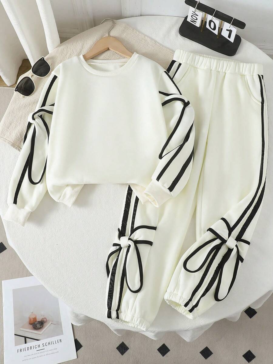 SHEIN 2pcs Girls Autumn/Winter Fashion Set,Long Sleeve Beige Sweatshirt&Straight Leg Pants,Blue And White Stripe,Autumn,Casual,School,Back-To-School,Bow - Apricot - View 1