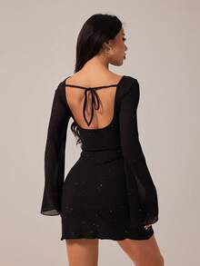 SHEIN PETITE Elegant Bowknot Backless Glam Mini Dress, Bodycon Fit, Suitable For Parties ,Petite Women - Black - View 3