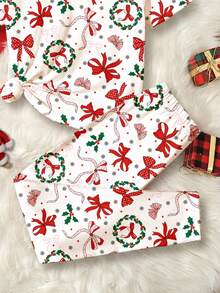 白色圣诞系列，圣诞蝴蝶结，圣诞花环，植物图案印花，少女休闲简约舒适柔软短袖睡衣套装，贴身舒适，适合圣诞睡衣派对，女童睡衣套装，红色圣诞睡衣，贴身单件睡衣，短袖贴身两件套睡衣，圣诞睡衣 - 彩色 - 查看 5