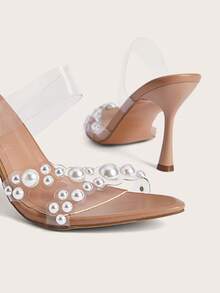 Enchnt Women Pearl Decor Nude Transparent High Heel Sandals, Fashionable And Comfortable Simple Pointed Toe High Heel Sandals For Summer Parties - Apricot - View 2