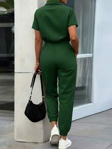 EMERY ROSE Bộ đồ liền thân ống côn đính nút thanh lịch dành cho nữ, mùa xuân/hè - Màu xanh lá cây đậm - Xem 2