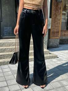 SHEIN Unity 女士修身喇叭黑色PU皮口袋裤 - 黑色 - 查看 3
