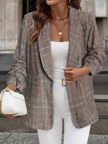 SHEIN Clasi Plus Size Plaid Shawl Collar Blazer Jacket, Suitable For Commuting - Multicolor - View 4
