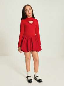 Leap Crew Vestido ajustado de cuello redondo de punto con parches y dobladillo de farol para adolescentes, falda larga elegante con pantalones cortos incorporados, adecuado para otoño/invierno, color rojo adecuado para Navidad, fiestas, escuela, cumpleaños, vestido de princesa, a juego madre-hija - Rojo - Ver 6