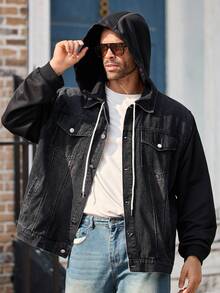 EASEVO Plus Size Men's Hooded Long Sleeve Denim Jacket, Casual Vintage Outerwear - Black - View 3