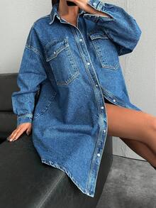 SHEIN PETITE 小码宽松落肩牛仔连衣裙，前开襟纽扣 - 中等水洗藍 - 查看 4