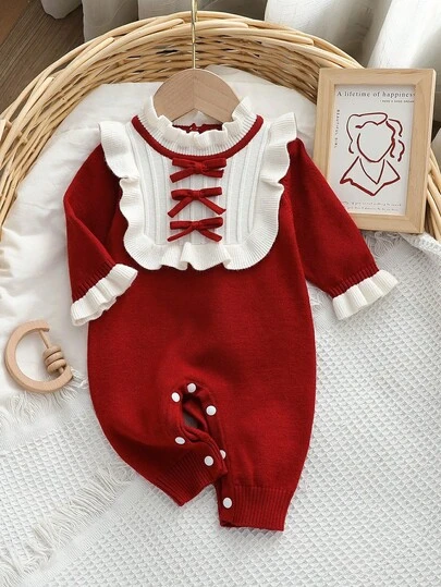 SHEIN Bộ đồ liền thân dệt kim dài tay họa tiết khối màu trang trí nơ cổ áo cho bé gái, dễ thương cho mùa thu/đông