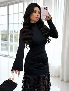 Rafferiza 女士时尚高领长袖褶皱网纱修身中长连衣裙，适合日常穿着、婚礼、晚宴、通勤、毕业派对、节日、约会、聚会、万圣节、圣诞节、新年、感恩节等场合。 - 黑色 - 查看 5