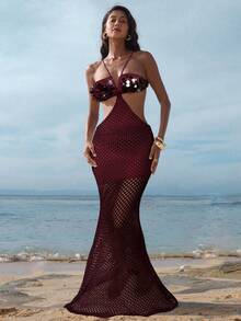 Opulessa 女士纯色针织串珠刺绣连衣裙 - 酒紅色 - 查看 6