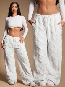 Radiana 女士舒适休闲简约白色低腰抽绳蓬松阔腿裤，休闲长裤，家居裤，户外裤 - 白色 - 查看 8